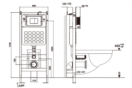 Комплект подвесной унитаз ABBER Rechteck AC1220TC белый, с закрытым дном с инсталляцией AC0105 и кнопкой AC0121 хром глянцевый